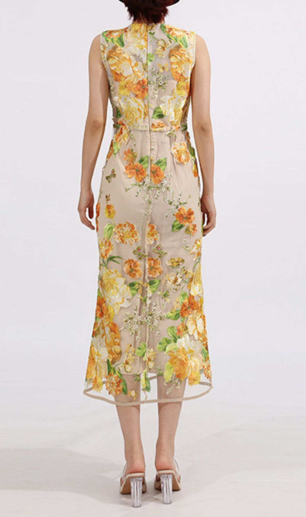 Elowen Yellow Sleeveless Flower Embroidery Midi Dress