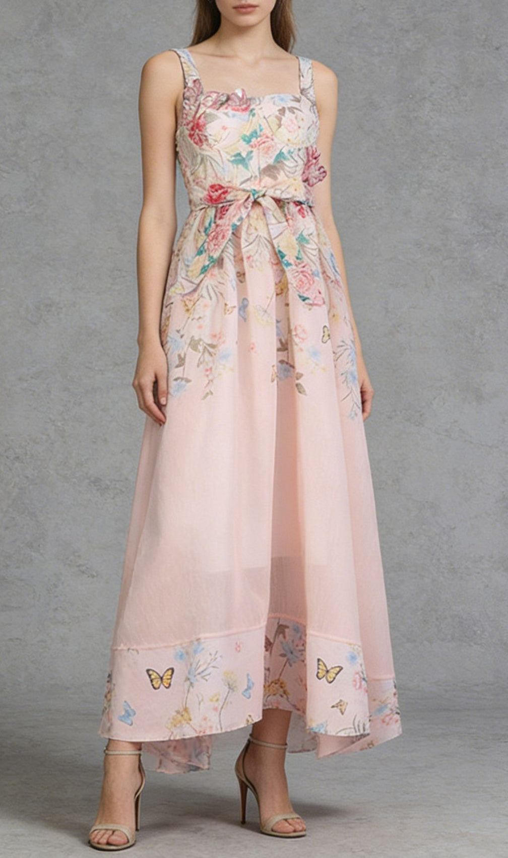 Kader Whimsical Pink Floral & Butterfly Maxi Dress - Romantic Tie-Waist Summer Gown