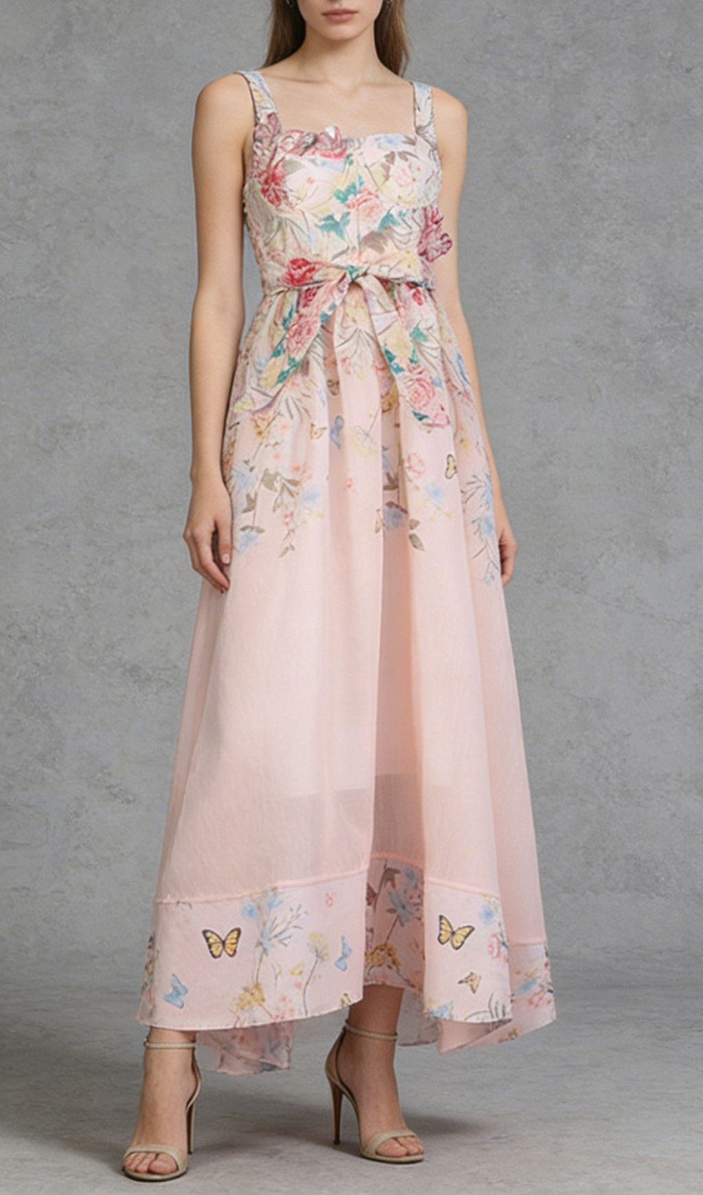 Kader Whimsical Pink Floral & Butterfly Maxi Dress - Romantic Tie-Waist Summer Gown