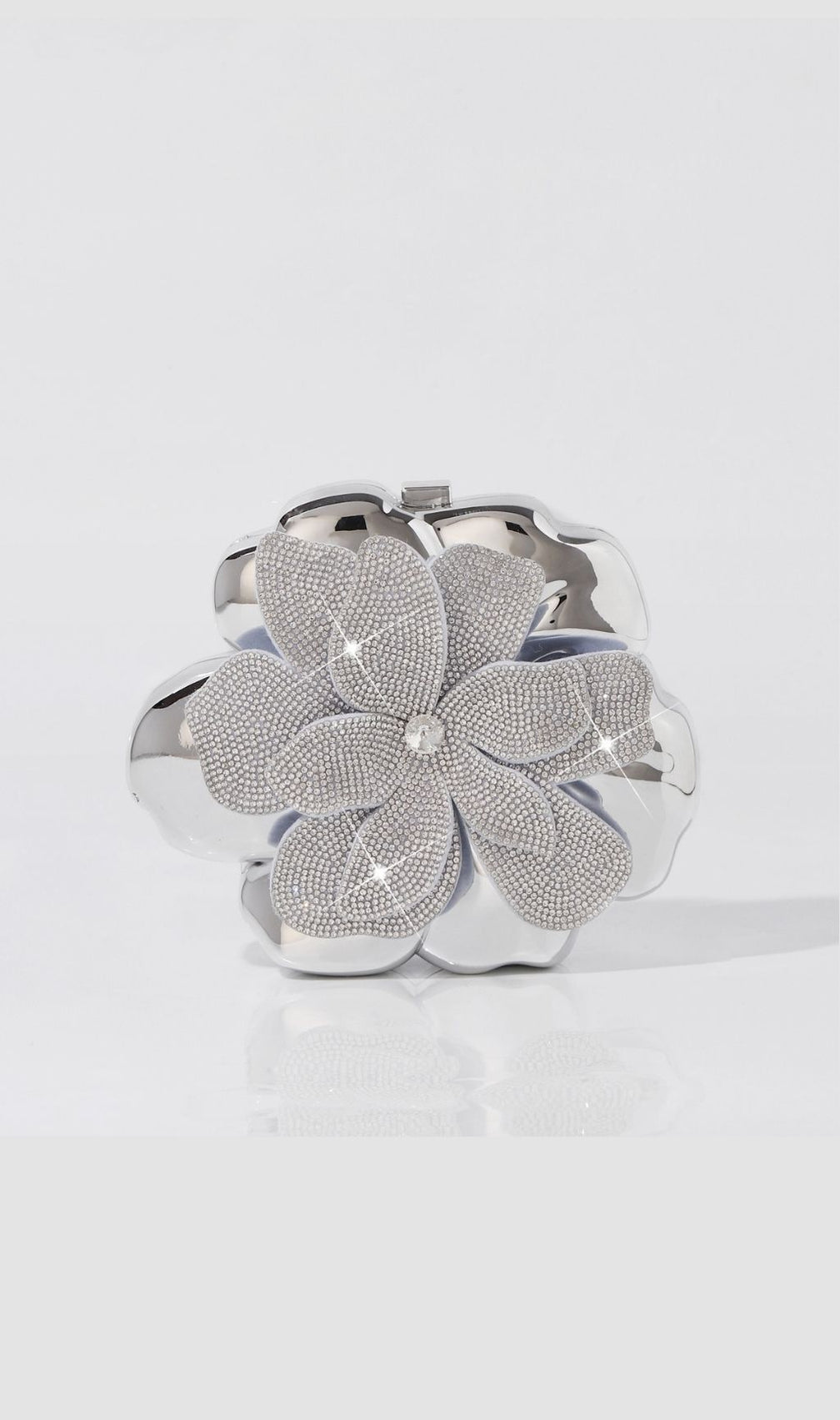 Khoi Luxe Silver Flower Diamante Clutch | Sparkling Evening Bag for Women