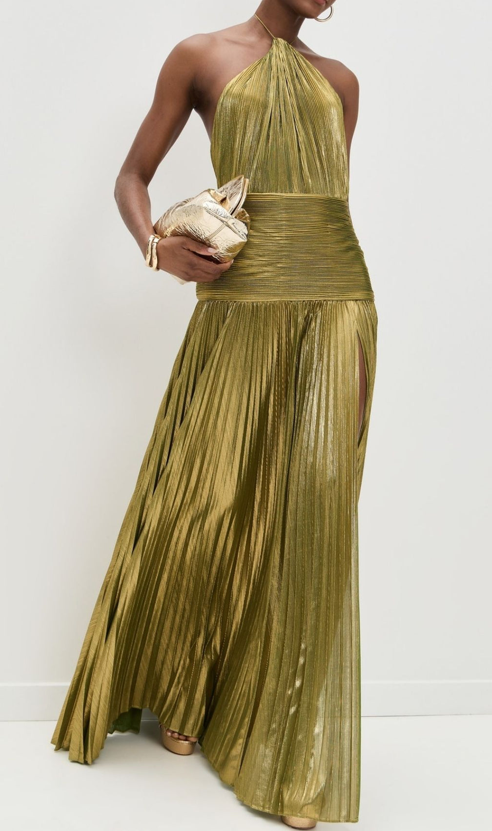 Syriona Halterneck Split Pleated Metallic Maxi Dress In Gold