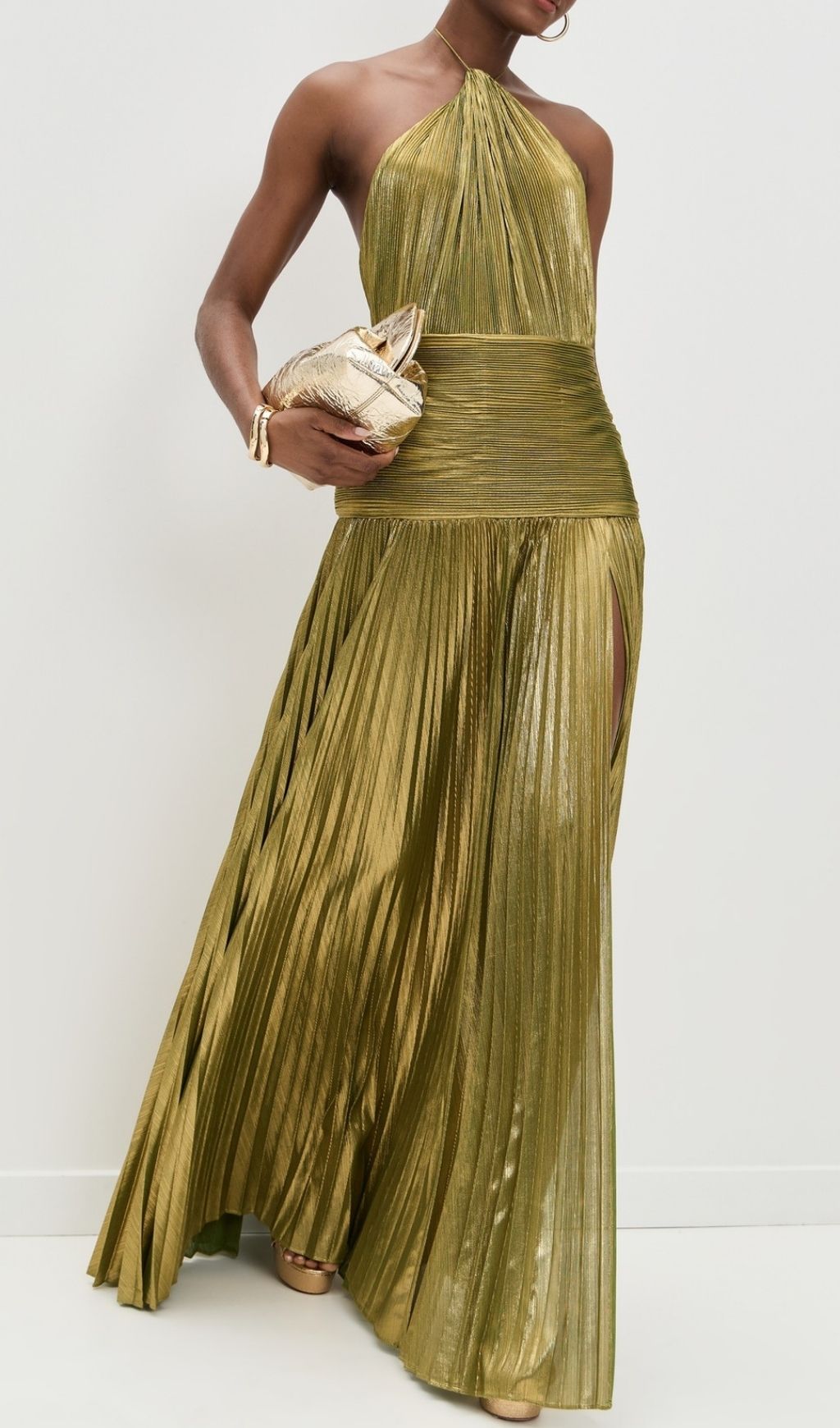 Syriona Halterneck Split Pleated Metallic Maxi Dress In Gold