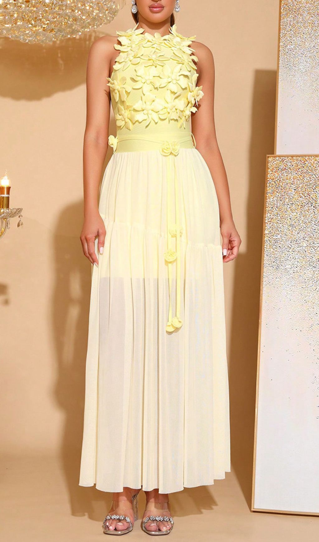 Hagop Vibrant Yellow 3D Floral Halter Neck Mesh Maxi Dress for Women