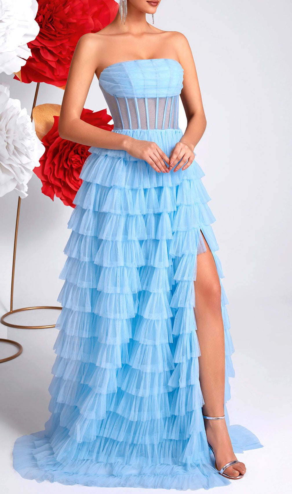 Kaida Sky Blue Strapless Corset Tiered Ruffle Maxi Dress with High Slit