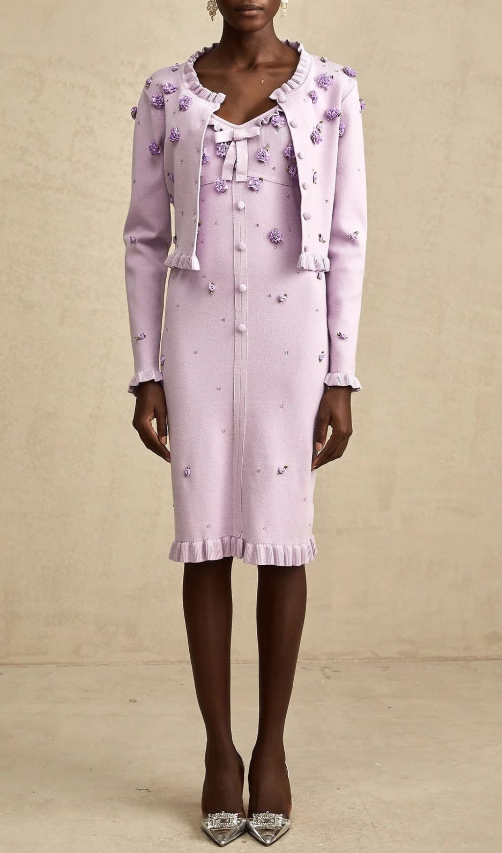 Romantic Lilac Floral Appliqué Knit Cardigan & Midi Dress Set