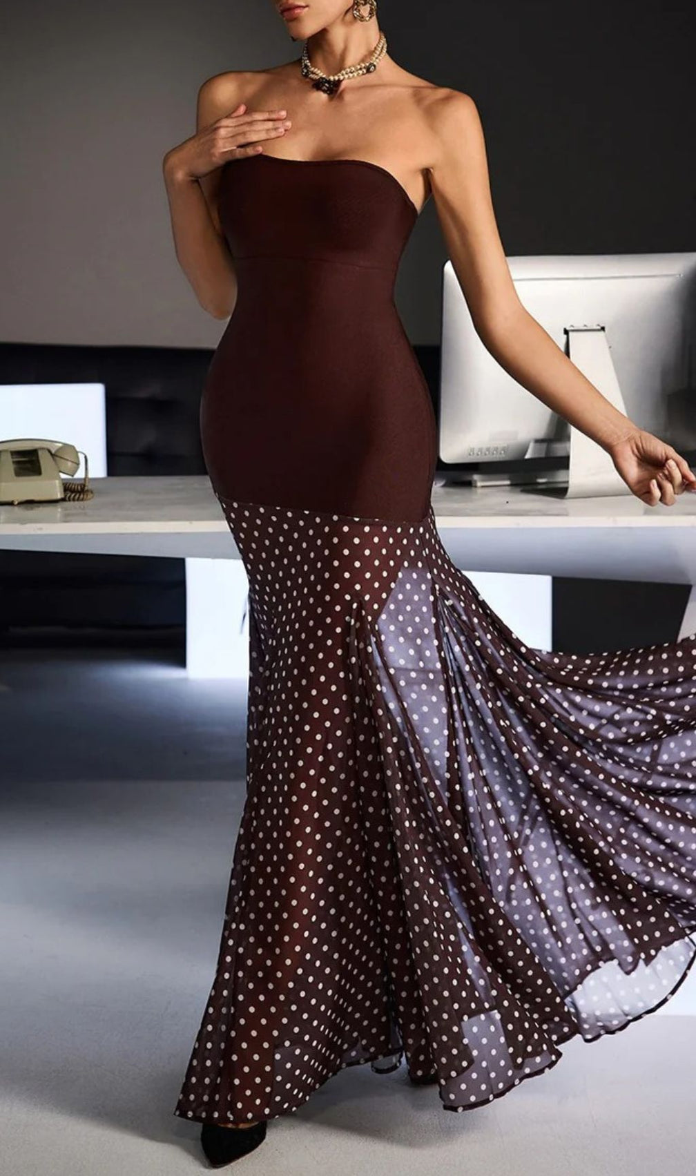 Fermintxo Chic Strapless Bandage Polka Dot Maxi Dress | Sculpted Evening Elegance