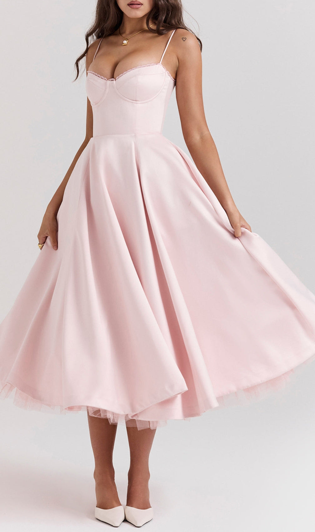 Alodia Pink Mesh Hem Midi Dress