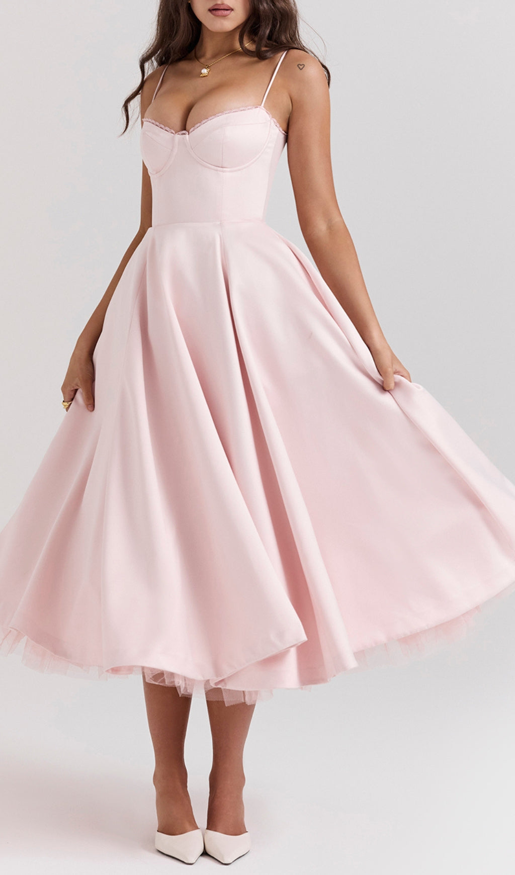 Alodia Pink Mesh Hem Midi Dress