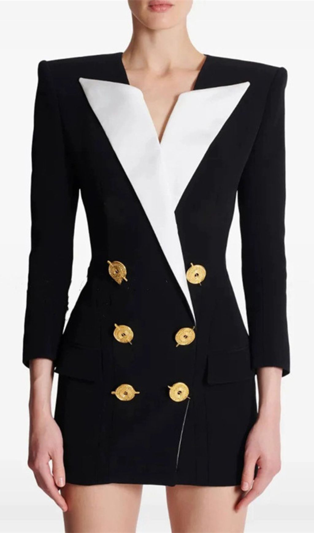 Heulwen Black Double-Breasted Tuxedo Blazer Dress with Contrast Lapels
