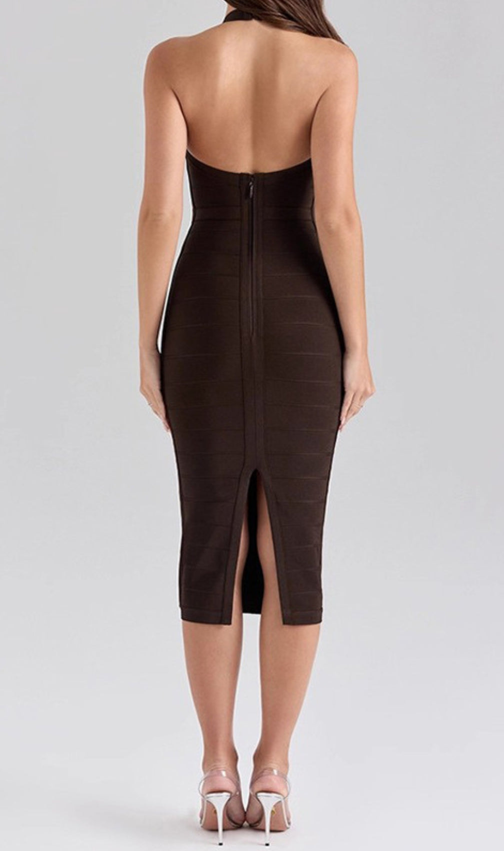 Garry Coffee Halter Bandage Midi Dress