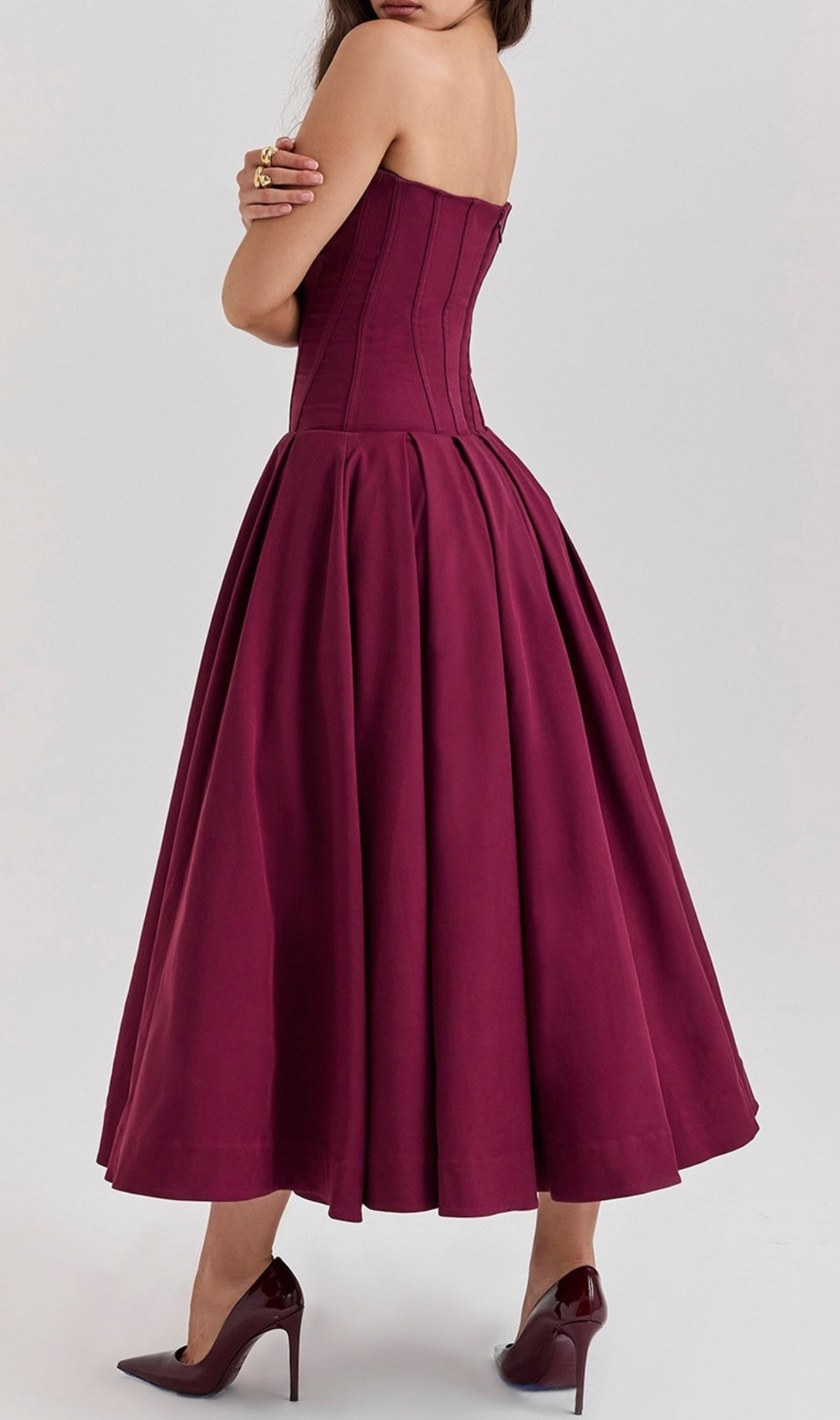 Devani Wine Strapless Corset Midi Dress