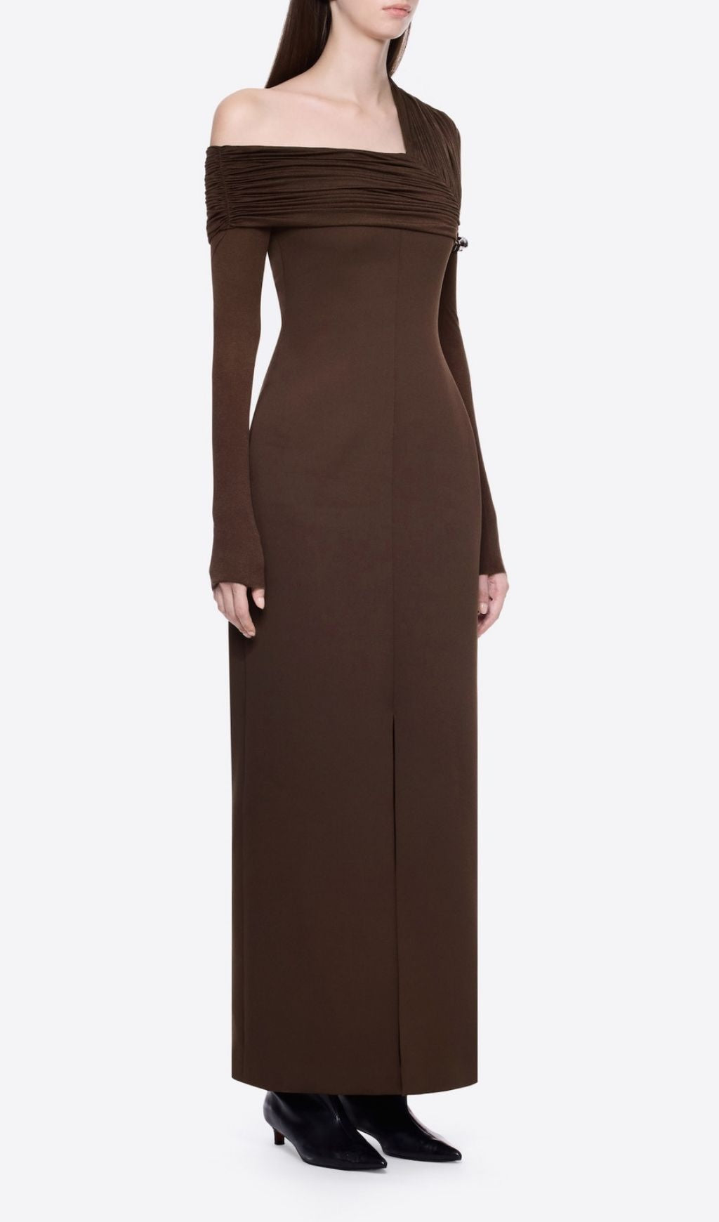 Katelynn Coffee Brown Ruched Off-Shoulder Maxi Dress | Elegant Evening Gown