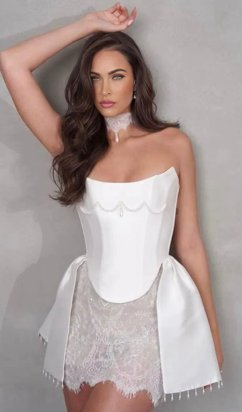 Strapless Pearl Lace A Line Dress