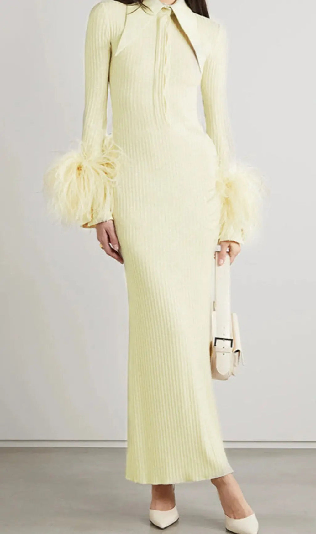 Yellow Long Sleeve Stand Collar Feather Maxi Dress