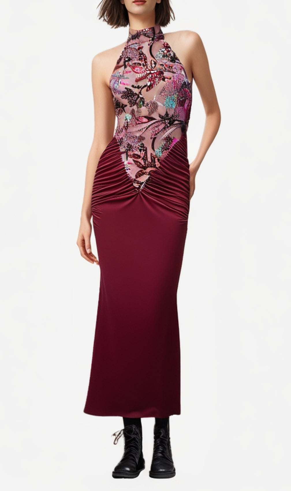 Dusha Red Halter Flower Ruched Maxi Dress