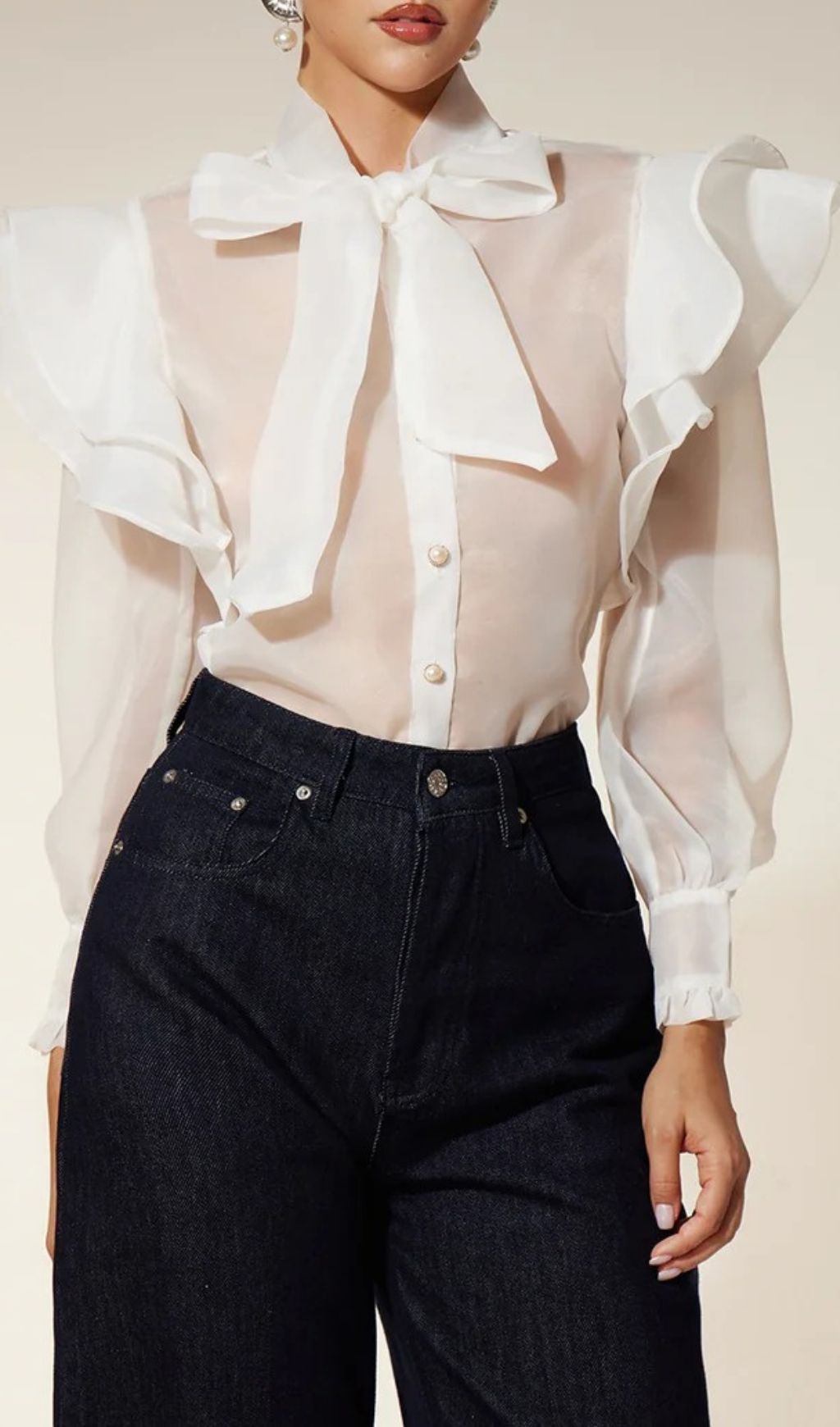 Chic Eiko Women's Sheer Organza Bow Ruffle Blouse