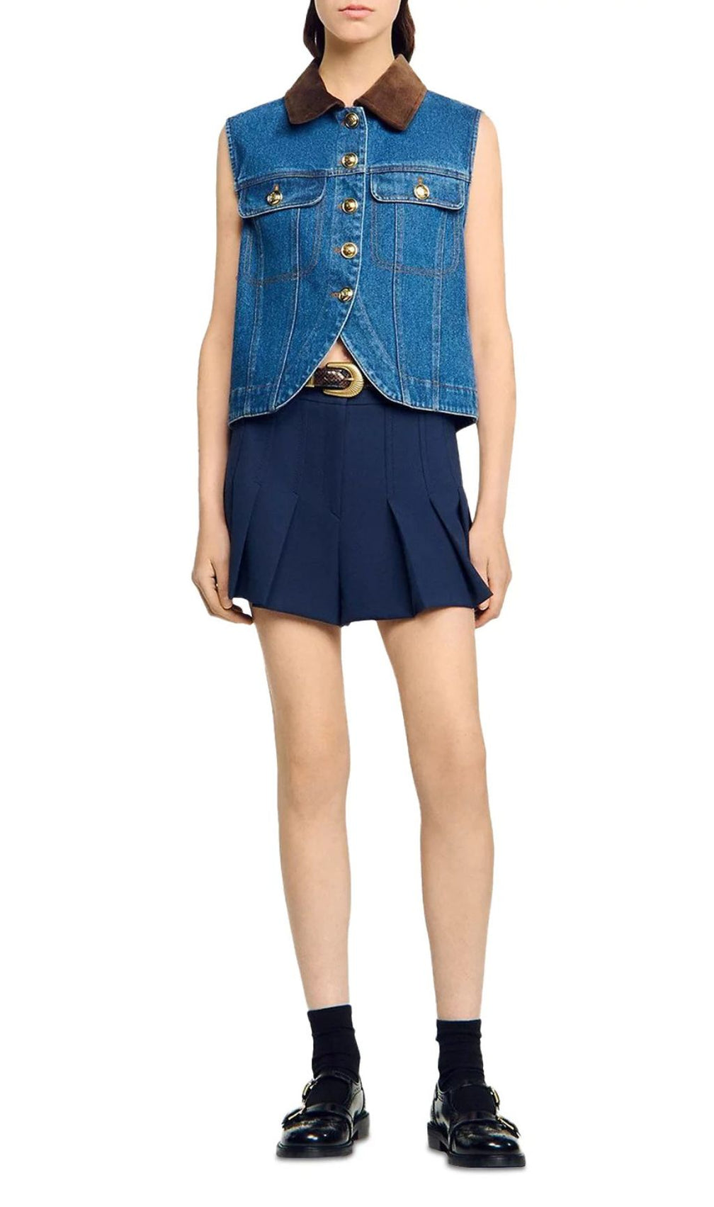 Chic Velvet Collar Denim Vest | Sleeveless Cropped Style for Women