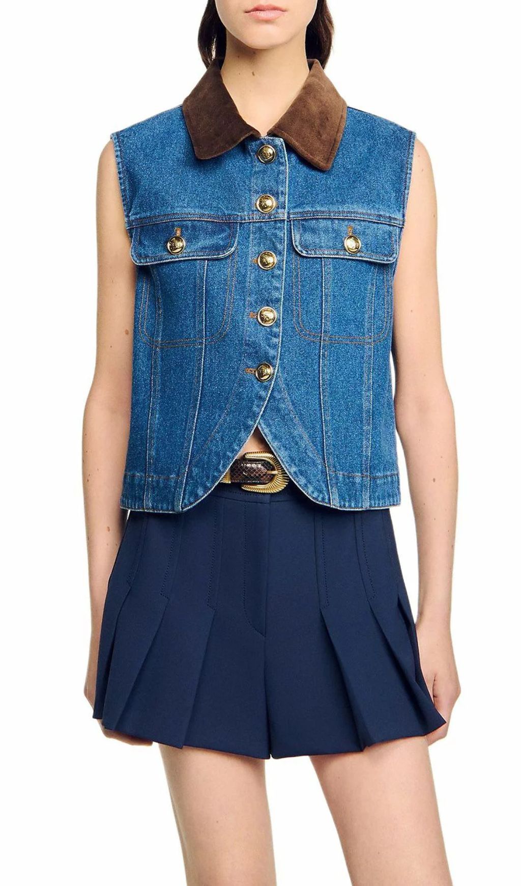 Chic Velvet Collar Denim Vest | Sleeveless Cropped Style for Women
