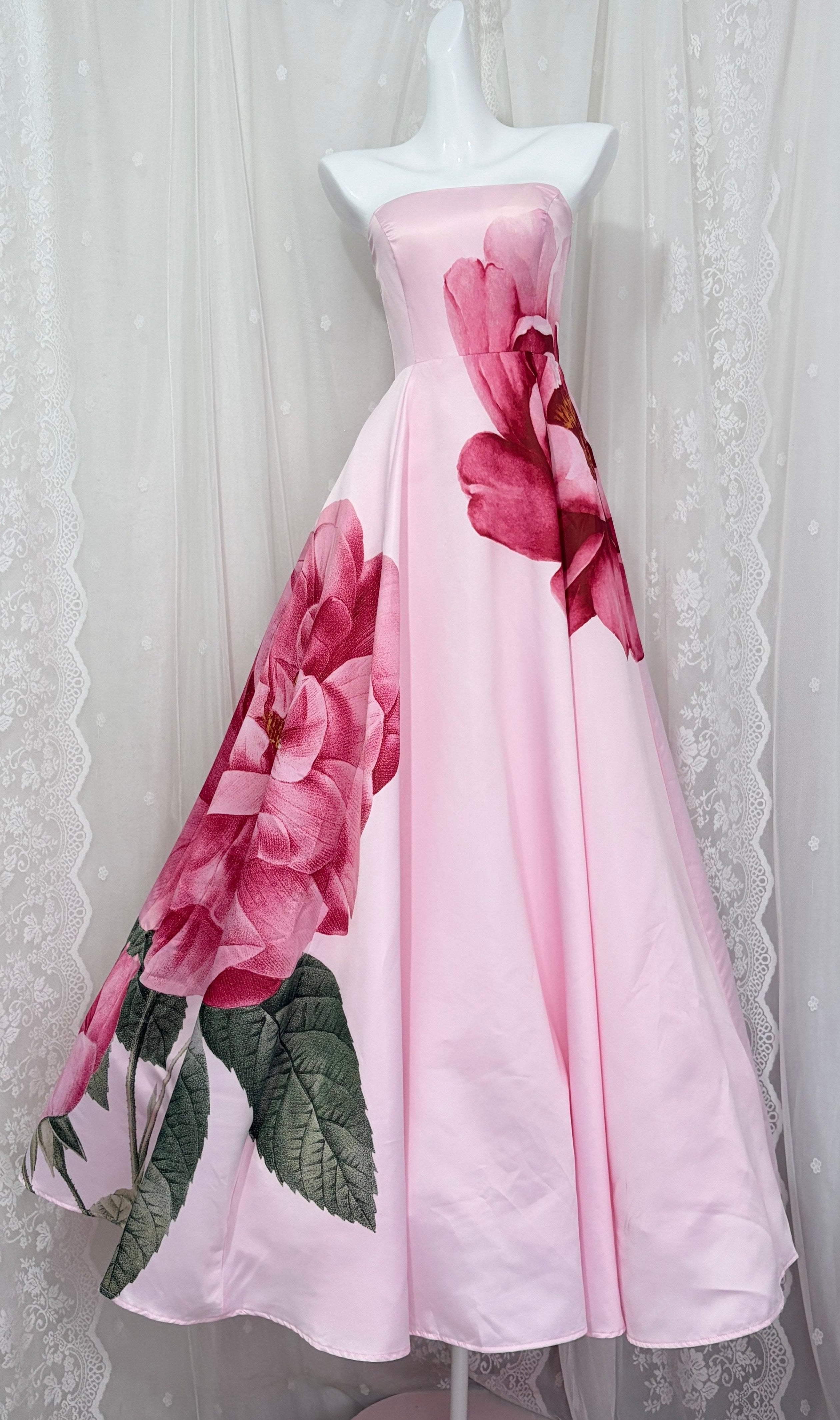 Pink Strapless Large Floral Print Satin Ball Gown