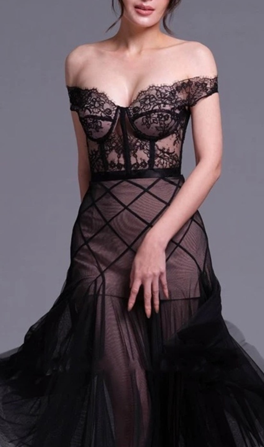 Devi Black Lace Top & Mesh Skirt Set