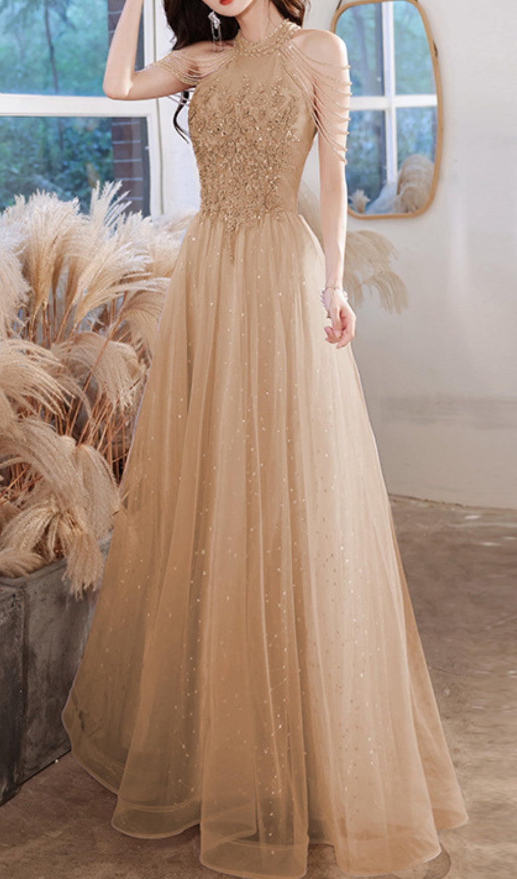 Cleon Halter Flower Sequin Maxi Dress