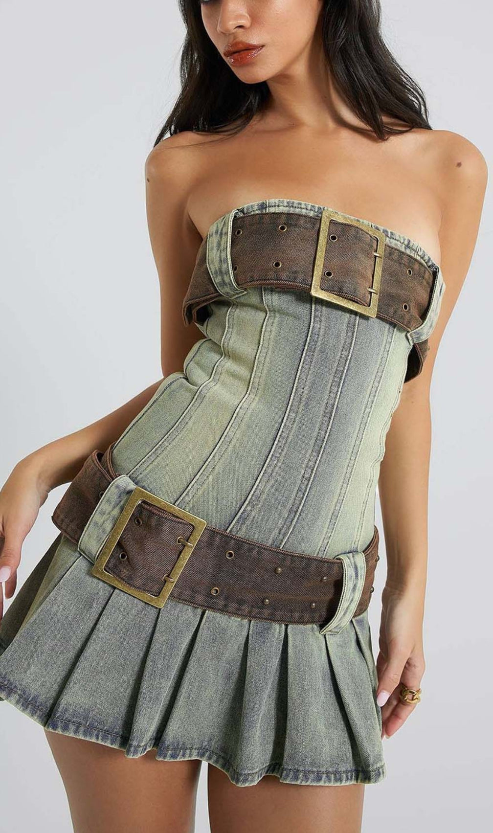Strapless Buckle Detail Mini Dress In Blue