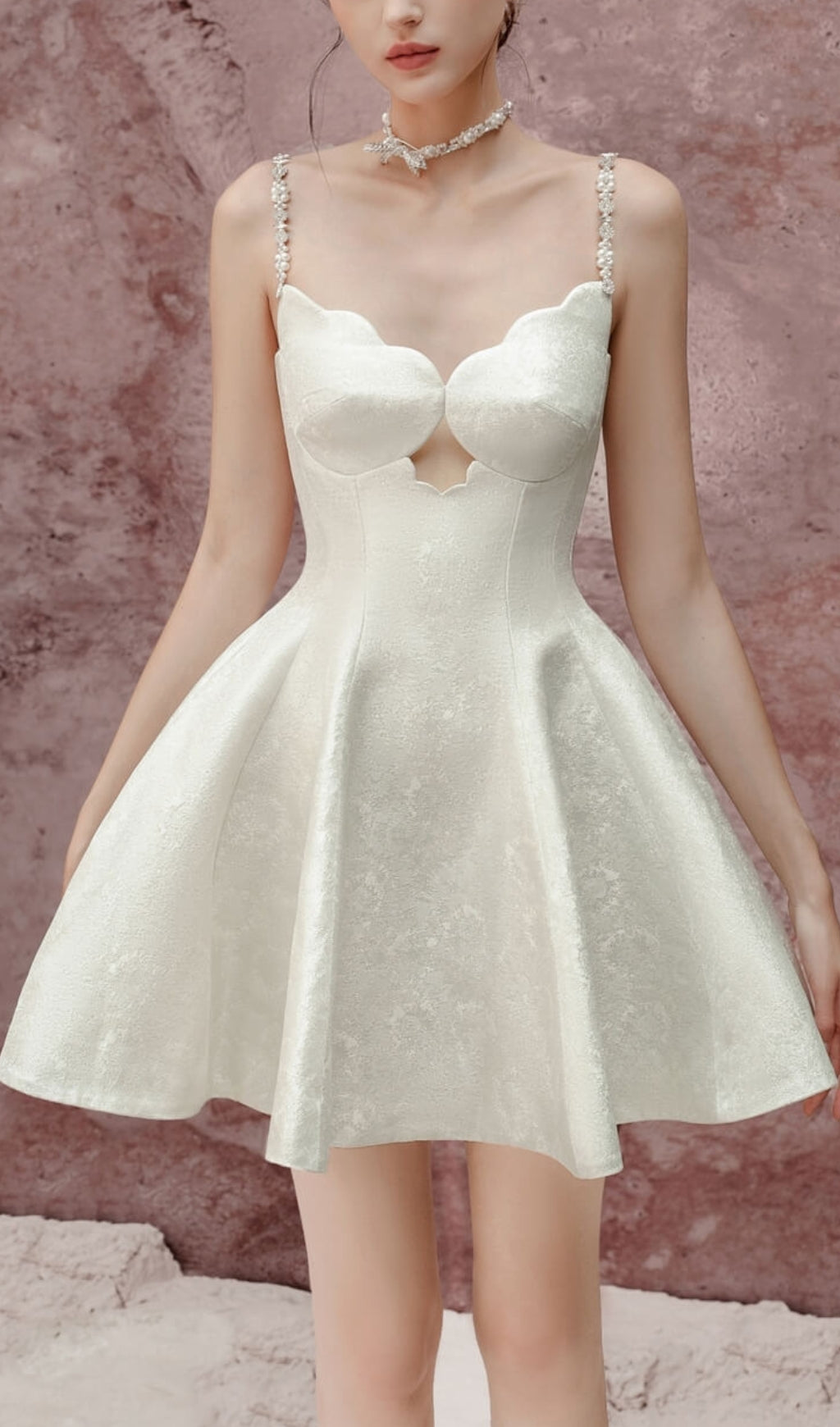 Flare Chest Cup Jacquard Mini Dress