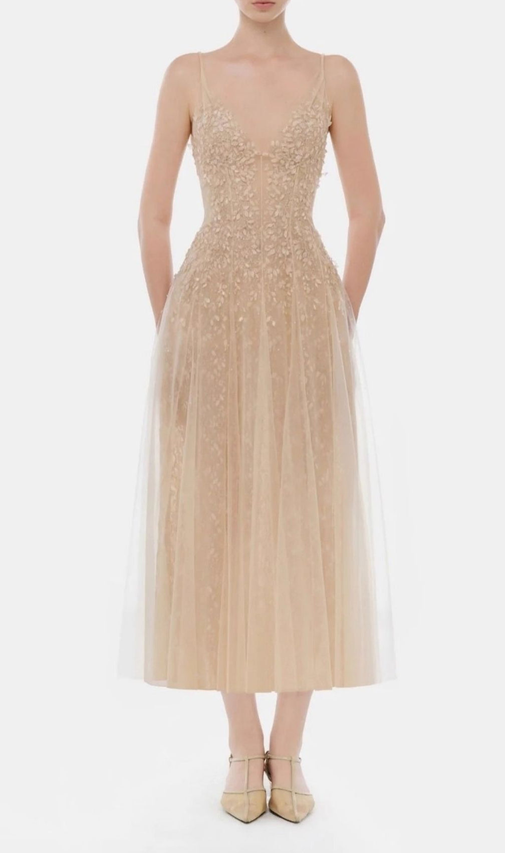 Kimaya Embellished V-Neck Mesh Maxi Dress - Red Carpet Ready Gown