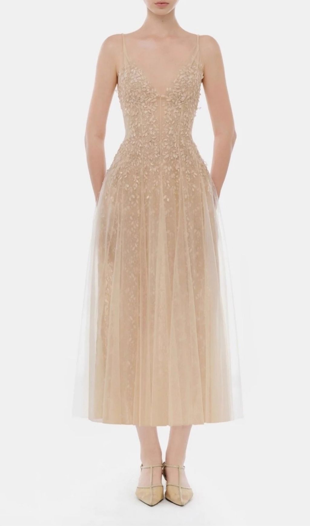 Kimaya Embellished V-Neck Mesh Maxi Dress - Red Carpet Ready Gown
