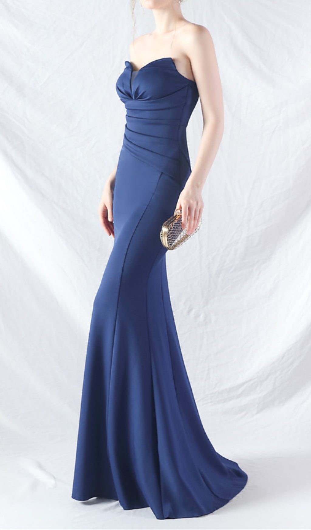 Chrina Navy Strapless Ruched Maxi Dress