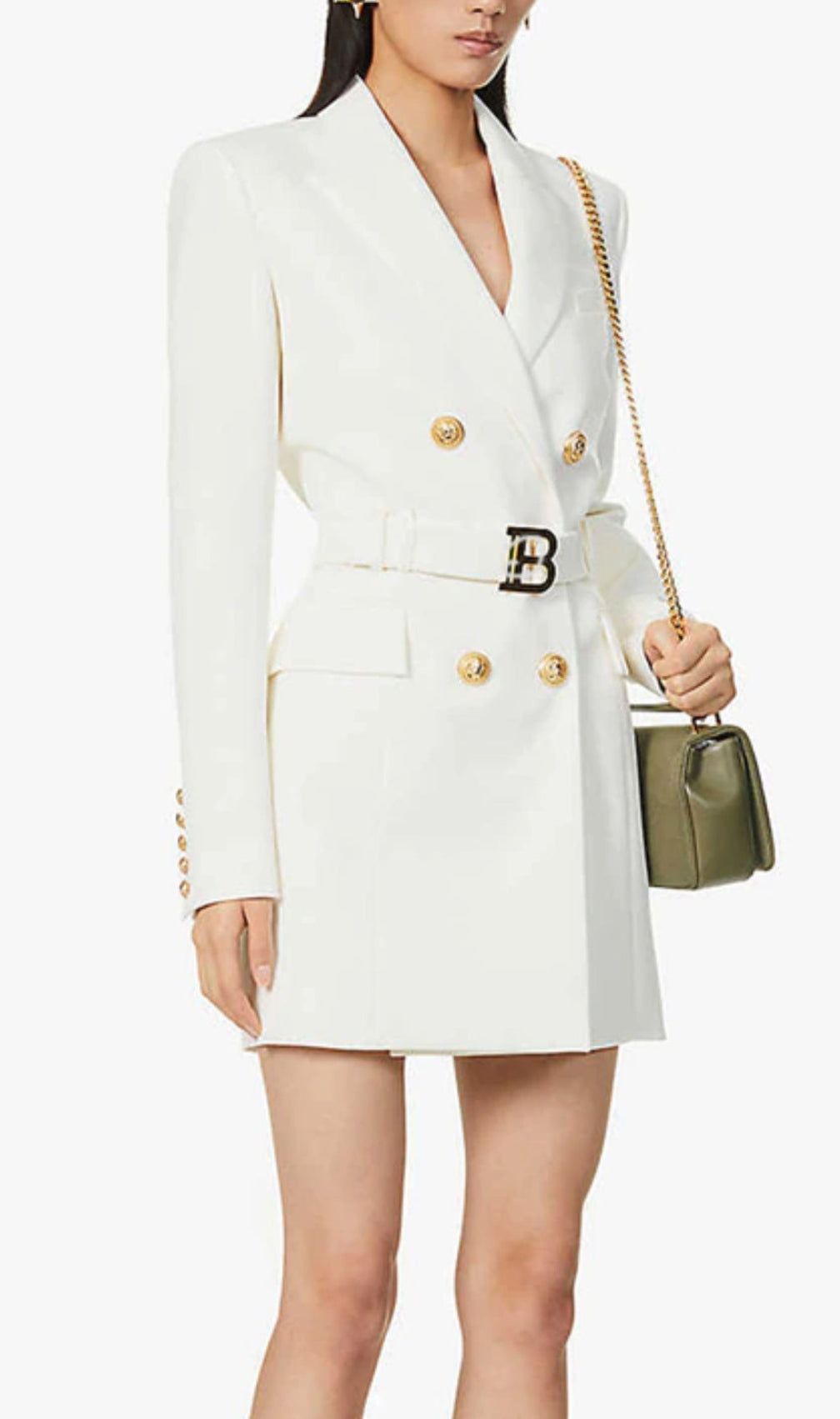 Aasia White Belt Metal Button Mini Dress