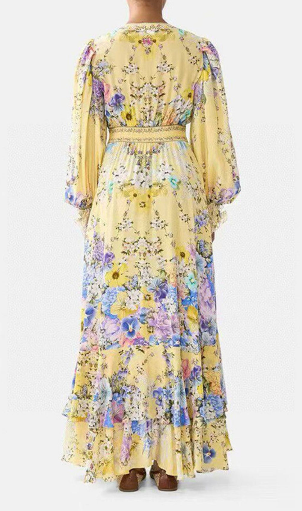 Kayli Vibrant Yellow Floral Maxi Dress - Elegant V-Neck & Flowy Sleeves
