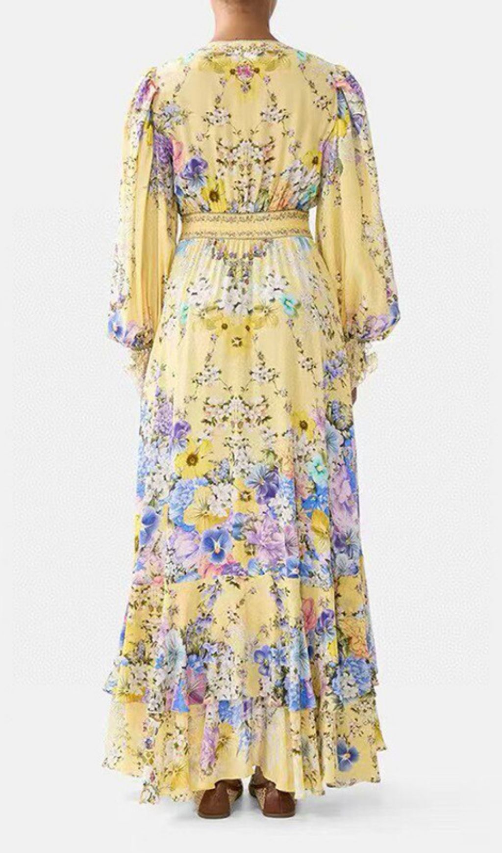 Kayli Vibrant Yellow Floral Maxi Dress - Elegant V-Neck & Flowy Sleeves