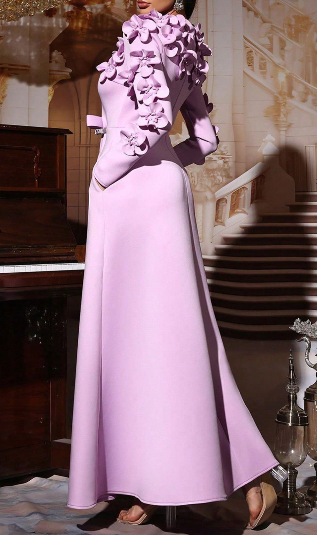 Hadia Lilac Floral Embellished Long Sleeve Maxi Dress - Elegant Occasion Gown