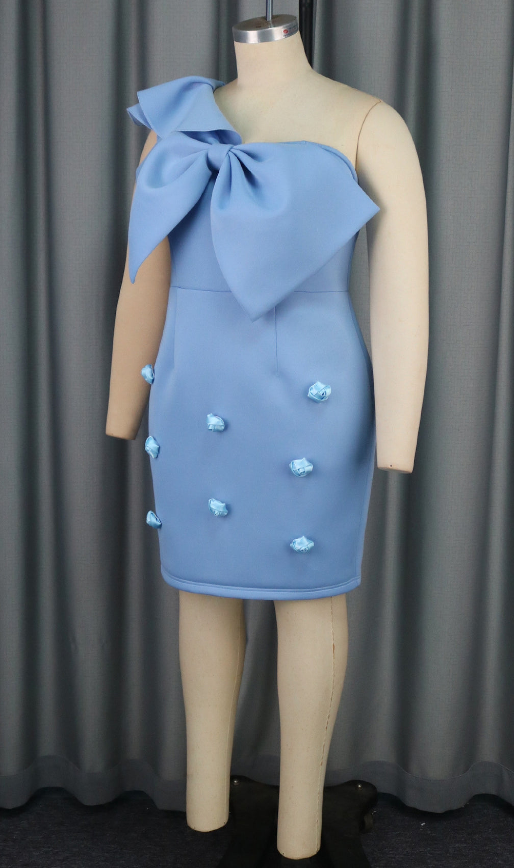 Baina Blue One Shoulder Bow Mini Dress