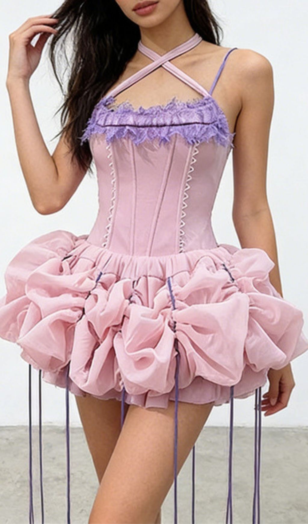 Sculptural Blush Pink Corset Mini Dress | Ruffled Party Gown