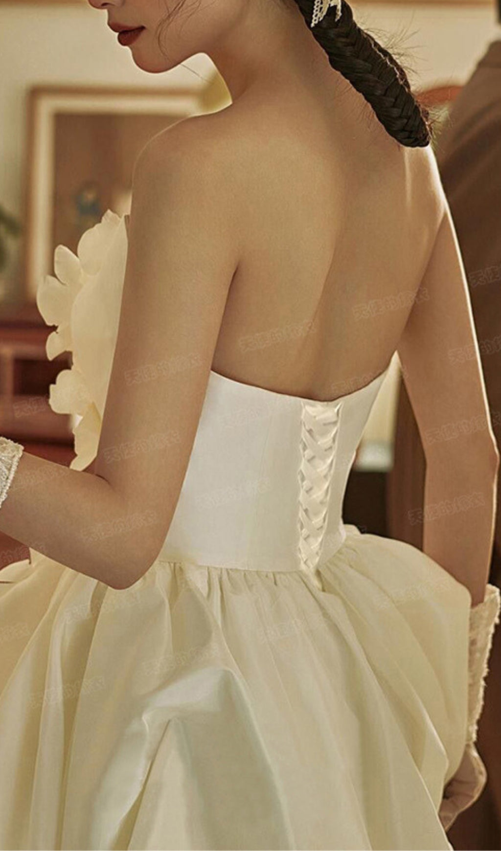 Dalal White Strapless Petal Wedding Dress