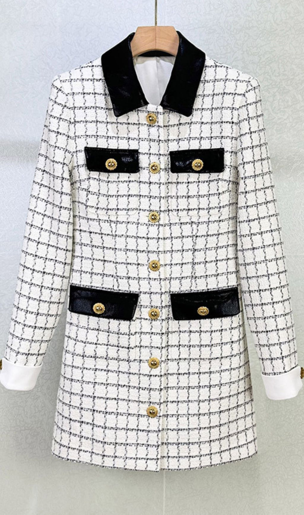 Luxe Windowpane Bouclé Mini Dress with Leather Trim & Gold Buttons