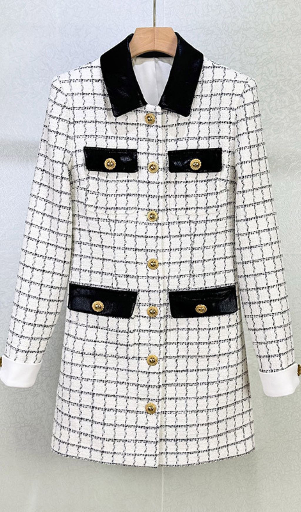 Luxe Windowpane Bouclé Mini Dress with Leather Trim & Gold Buttons