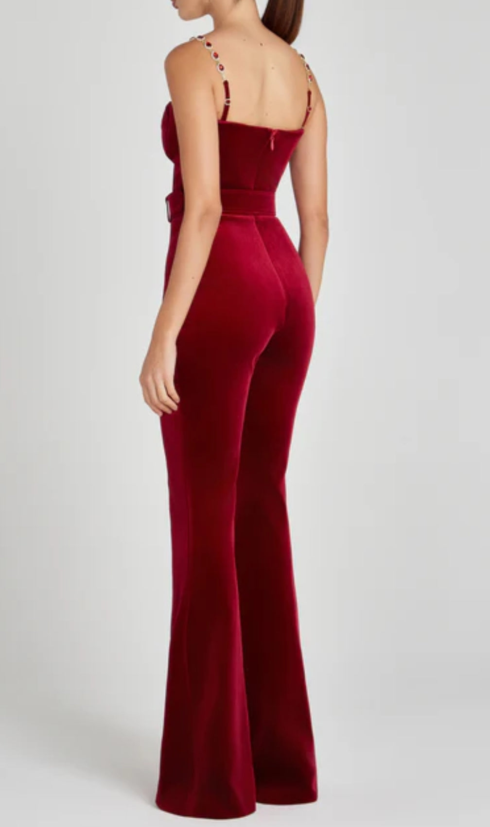 Bustier Detail Velvet Jumpsuit Red
