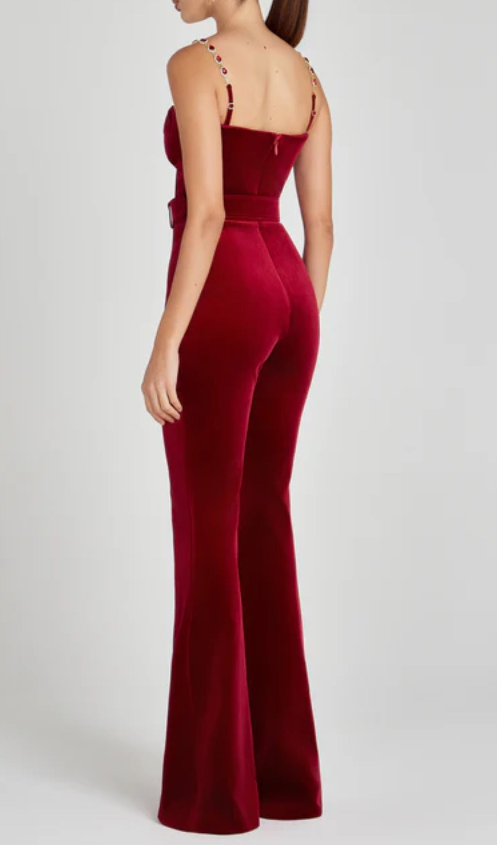 Bustier Detail Velvet Jumpsuit Red