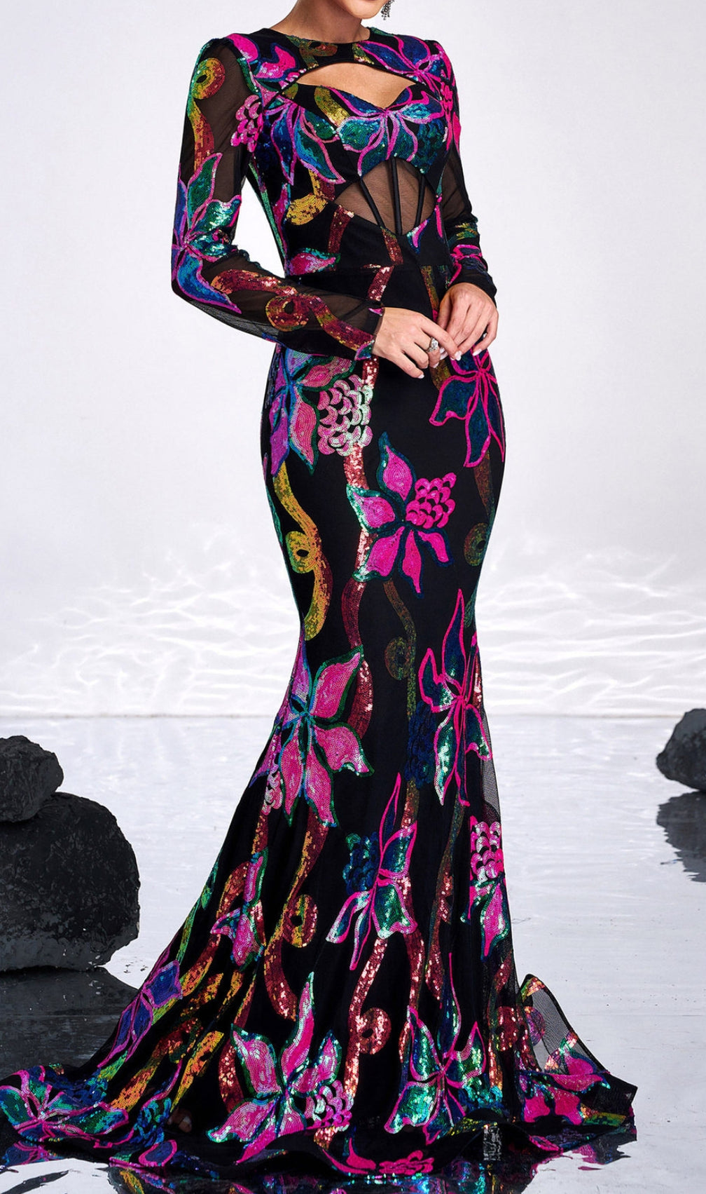 Carman Long Sleeve Flower Sequin Gown