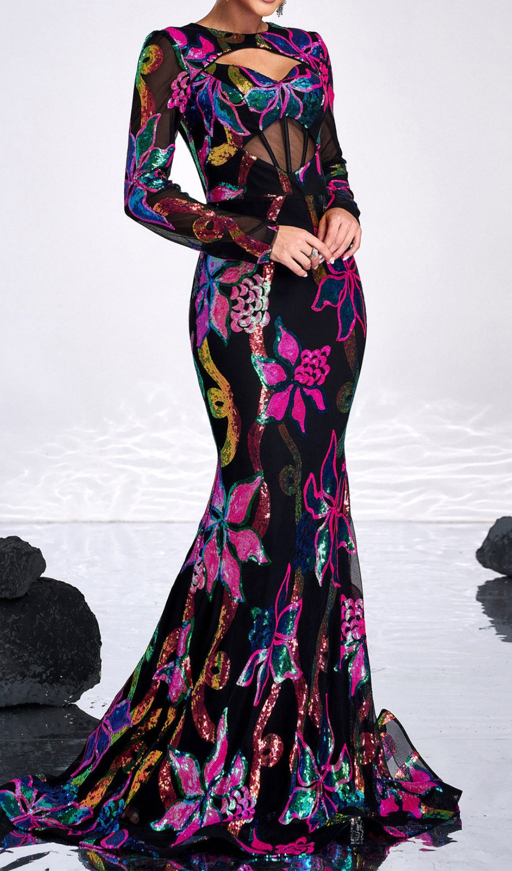 Carman Long Sleeve Flower Sequin Gown