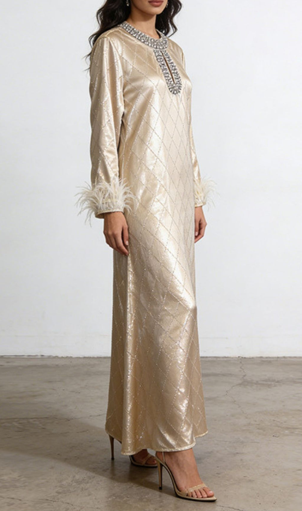 Karuka Opulent Embellished Feather Long Sleeve Maxi Dress