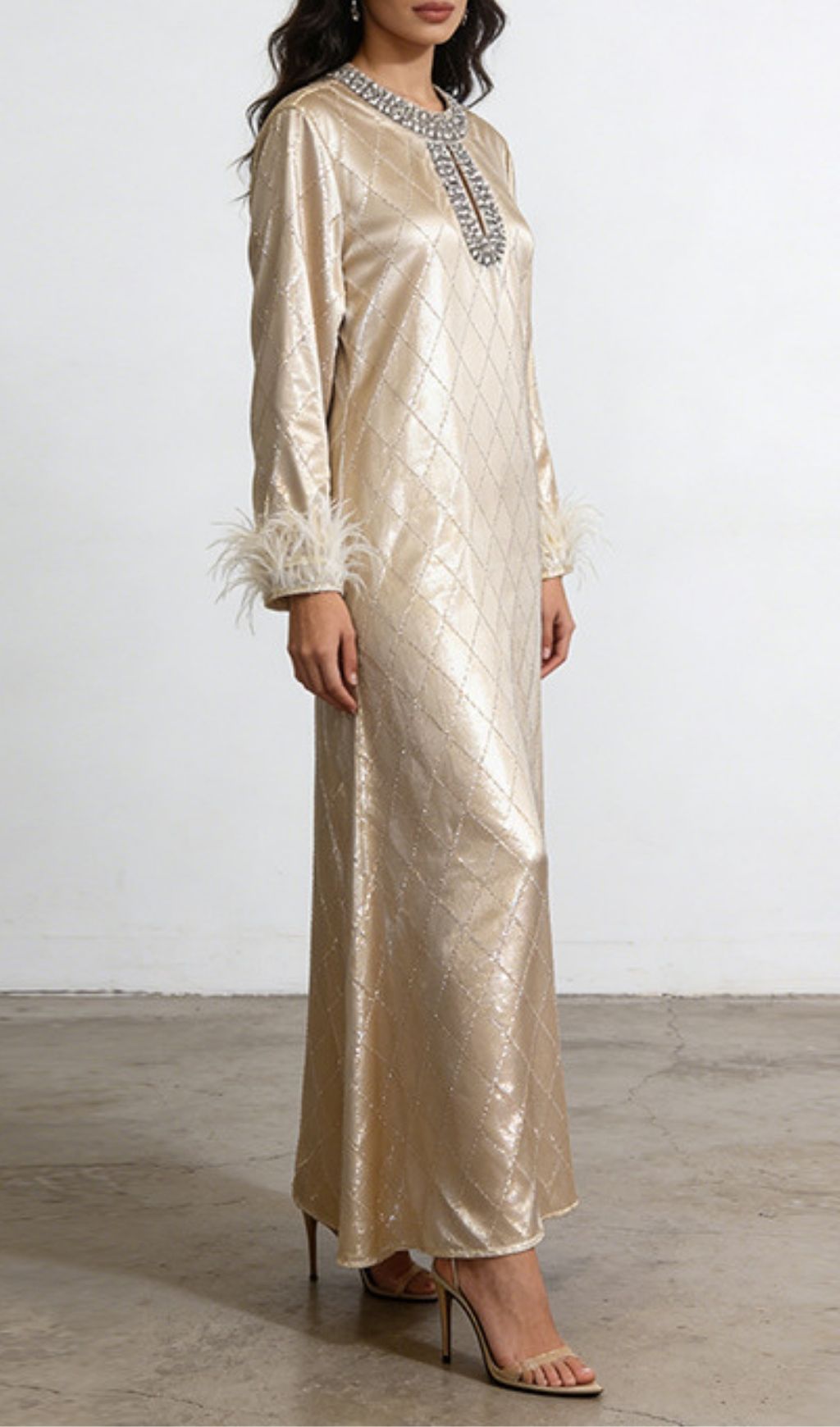 Karuka Opulent Embellished Feather Long Sleeve Maxi Dress