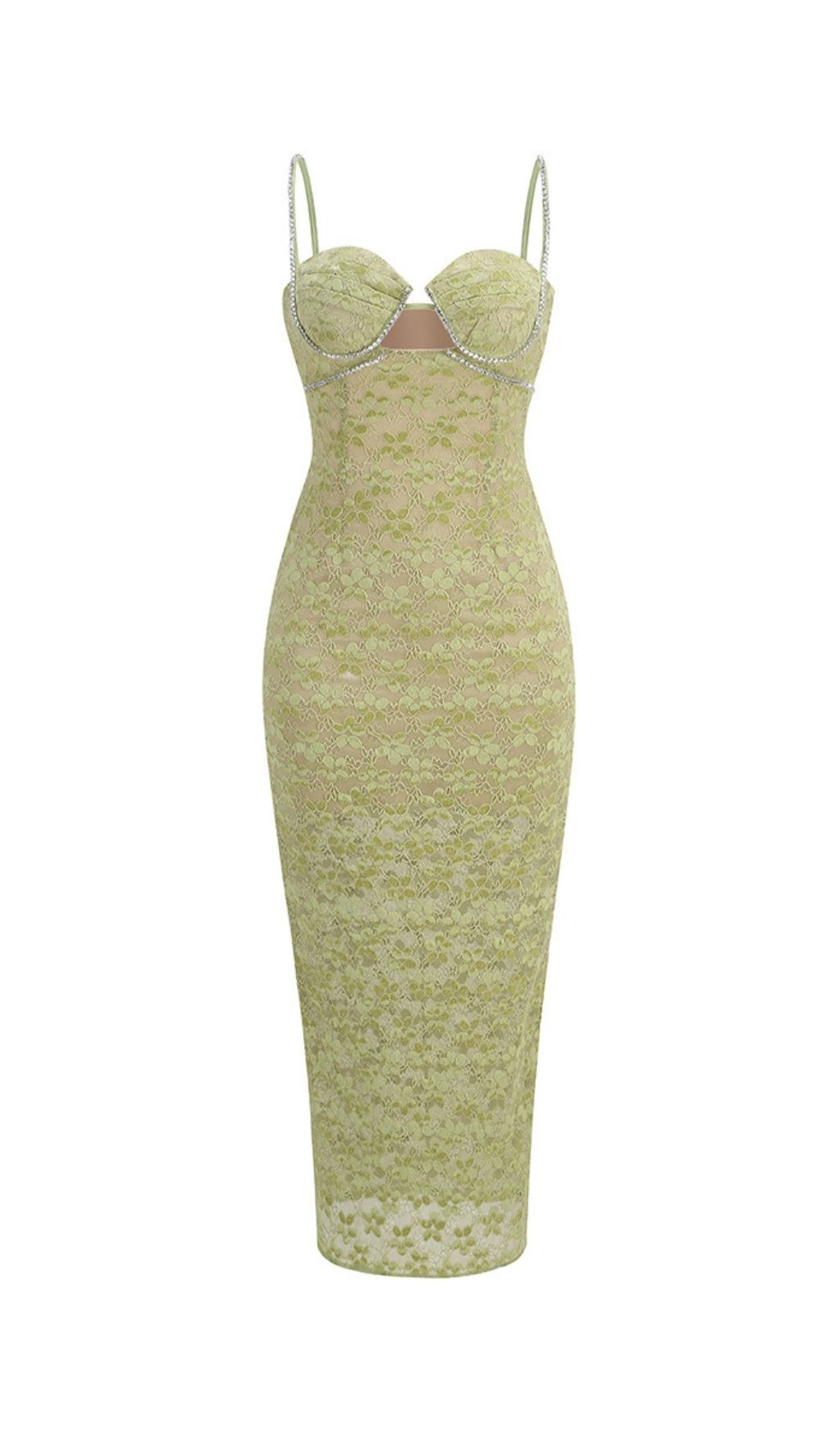 Kendal Emerald Green Diamante Lace Midi Dress - Strappy Evening & Cocktail Gown