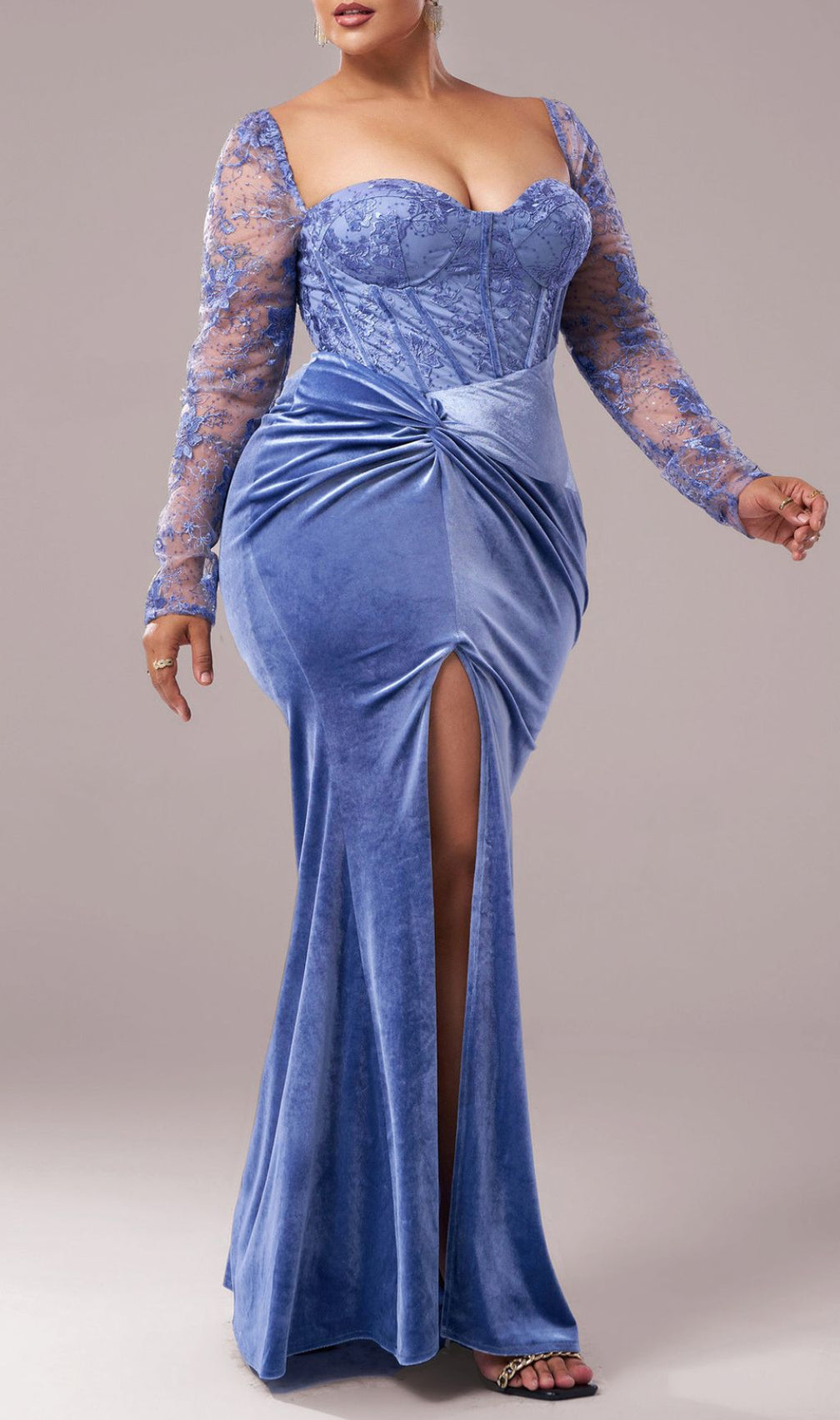 Jaan Periwinkle Blue Velvet & Lace Plus Size Long Sleeve Maxi Gown