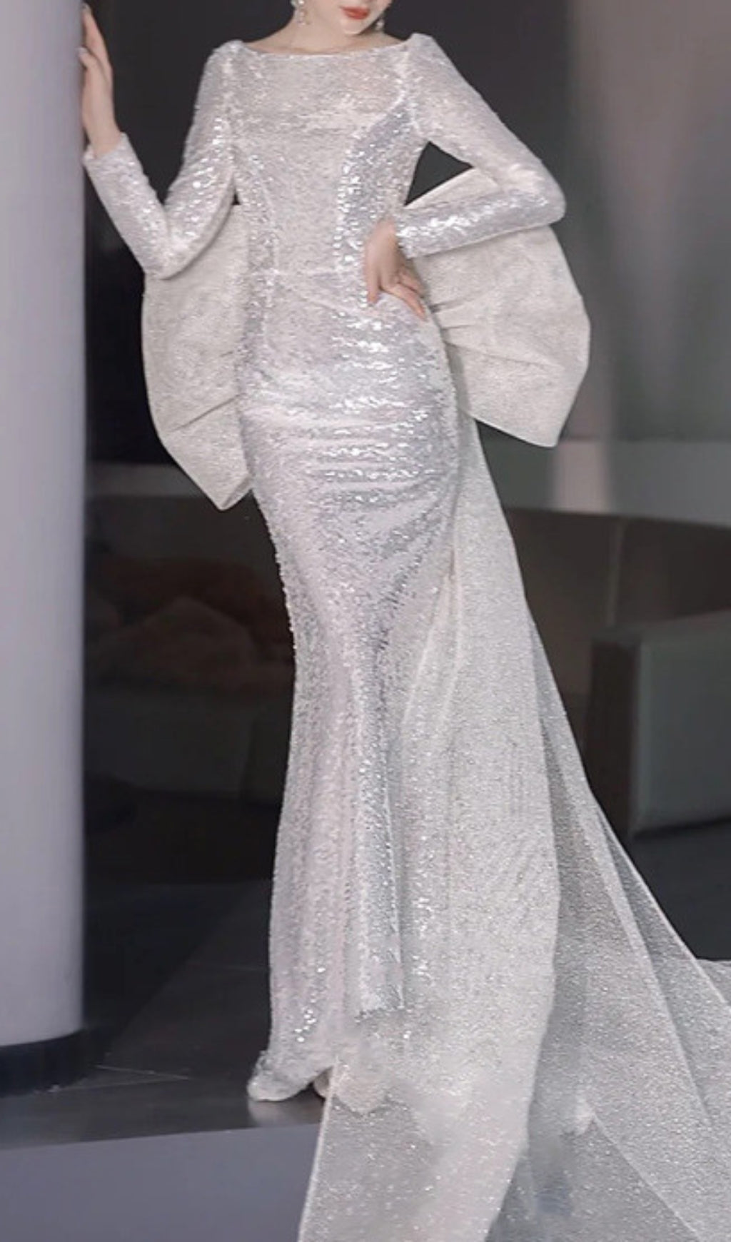 Cyma Sequin Long Sleeve Bow Maxi Dress