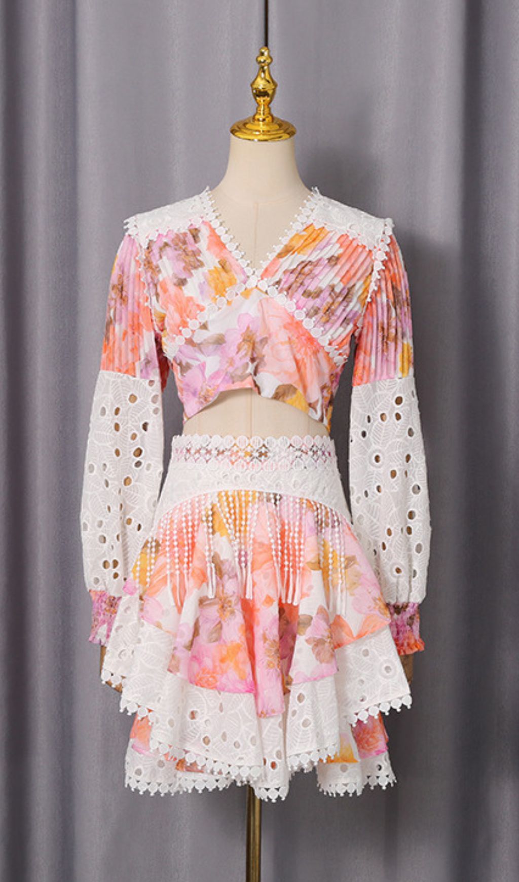 Ilknur Boho Chic Floral Crop Top & Eyelet Lace Mini Skirt Two-Piece Set