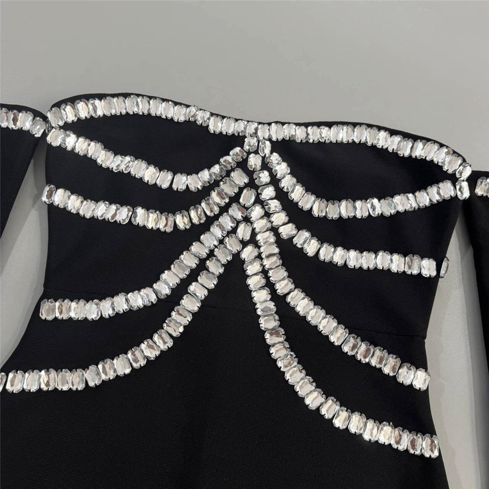 Gandhi Black Rhinestone Off-Shoulder Maxi Dress